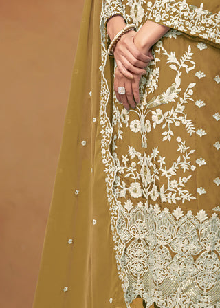 Mustard Organza Floral Embroidered, Thread & Sequins Detailing Suit Set with Dupatta