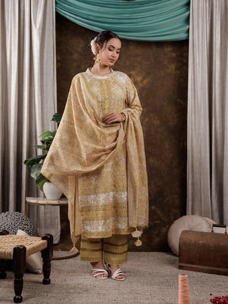 Mustard Cotton Floral Print & Lace Work Suit Set with Voile Dupatta