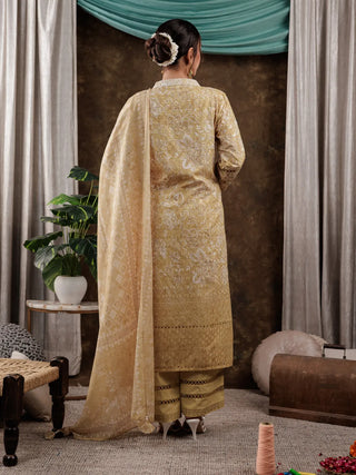 Mustard Cotton Floral Print & Lace Work Suit Set with Voile Dupatta