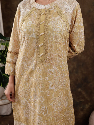 Mustard Cotton Floral Print & Lace Work Suit Set with Voile Dupatta