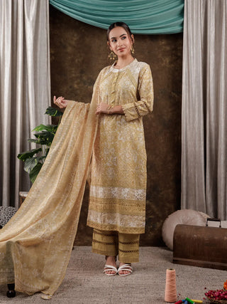 Mustard Cotton Floral Print & Lace Work Suit Set with Voile Dupatta