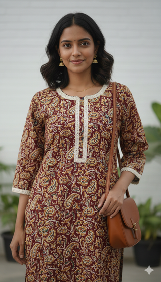 Mustard Cotton Kalamkari work and Lace Detailing Straight Shape Kurta