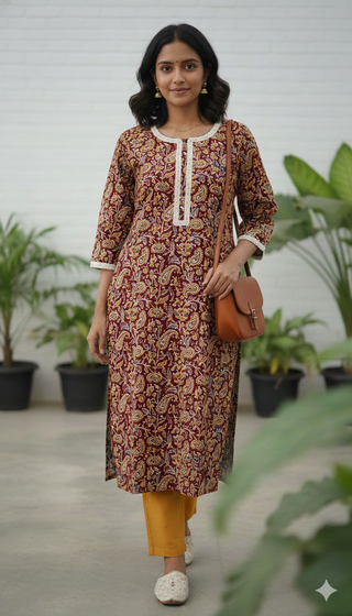 Mustard Cotton Kalamkari work and Lace Detailing Straight Shape Kurta