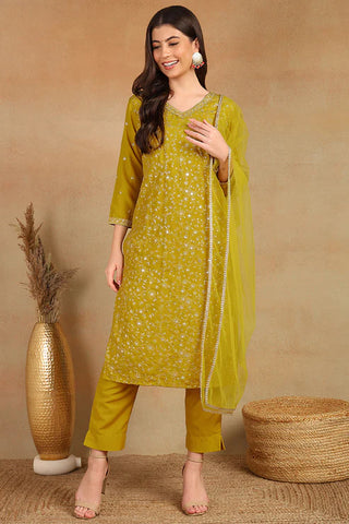 Mustard Silk Blend Embroidered Straight Shape Suit Set with Soft Net Dupatta