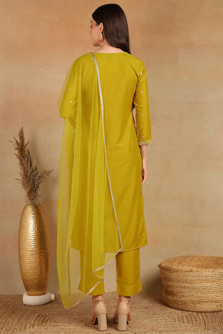 Mustard Silk Blend Embroidered Straight Shape Suit Set with Soft Net Dupatta