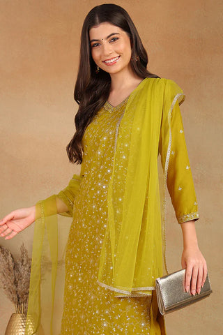 Mustard Silk Blend Embroidered Straight Shape Suit Set with Soft Net Dupatta