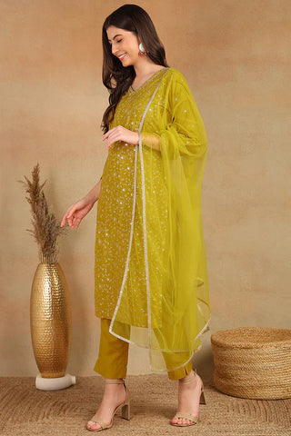 Mustard Silk Blend Embroidered Straight Shape Suit Set with Soft Net Dupatta