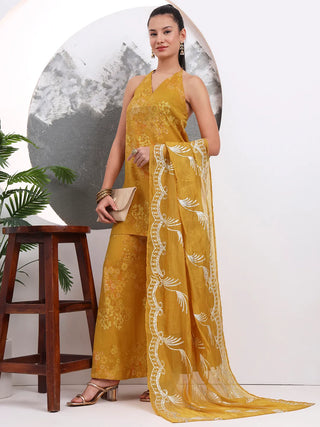 Mustard Silk Bled Halter Neck Floral Print Suit Set with Dupatta