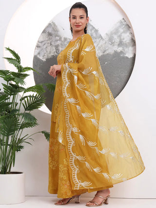 Mustard Silk Bled Halter Neck Floral Print Suit Set with Dupatta