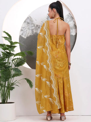 Mustard Silk Bled Halter Neck Floral Print Suit Set with Dupatta