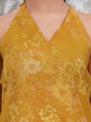 Mustard Silk Bled Halter Neck Floral Print Suit Set with Dupatta