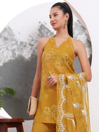Mustard Silk Bled Halter Neck Floral Print Suit Set with Dupatta