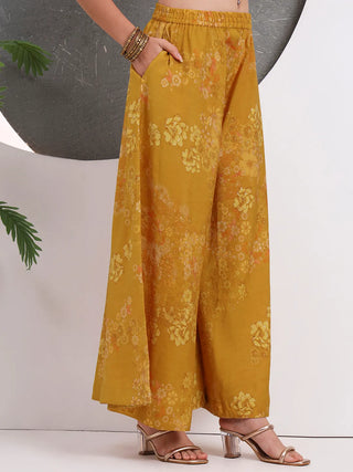 Mustard Silk Bled Halter Neck Floral Print Suit Set with Dupatta