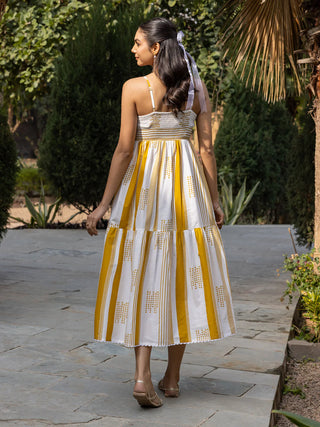 Cotton White, Mustard Striped Midi Dress