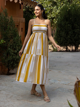 Cotton White, Mustard Striped Midi Dress