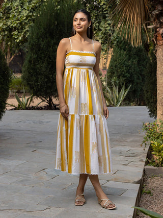 Cotton White, Mustard Striped Midi Dress