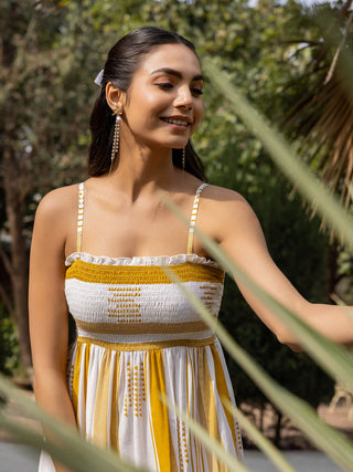Cotton White, Mustard Striped Midi Dress