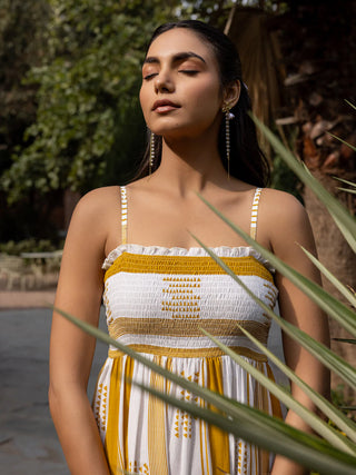 Cotton White, Mustard Striped Midi Dress