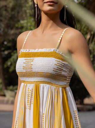 Cotton White, Mustard Striped Midi Dress