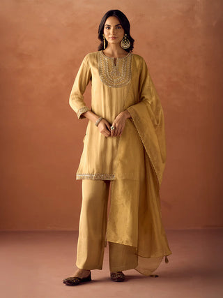 Yellow Tissue Blend Embroidered Suit Set with Organza Dupatta