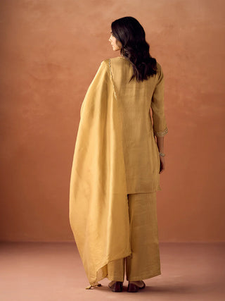 Yellow Tissue Blend Embroidered Suit Set with Organza Dupatta