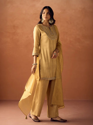 Yellow Tissue Blend Embroidered Suit Set with Organza Dupatta