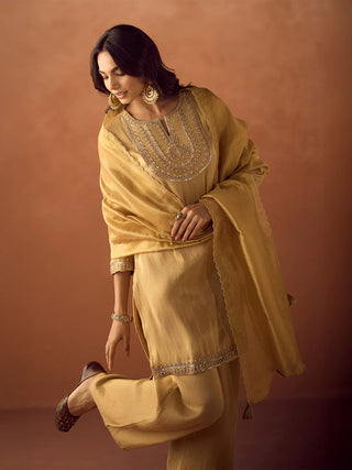Yellow Tissue Blend Embroidered Suit Set with Organza Dupatta