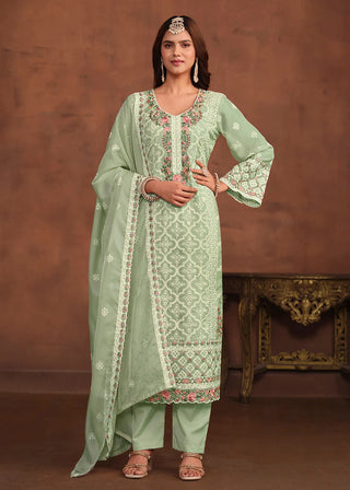Organza Mint Green Embroidered Suit Set