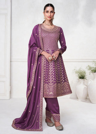 Purple Embroidered Silk Salwar Set