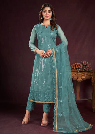 Turquoise Blue Embroidered Butterfly Net Salwar Suit Set