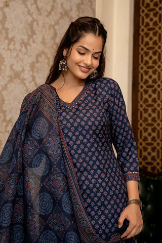 Navy Blue Rayon Blend Ajrak Print Straight Shape Suit Set with Dupatta