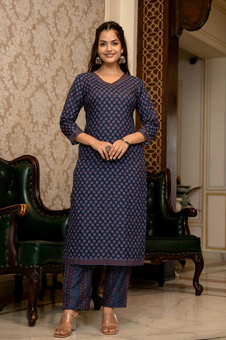 Navy Blue Rayon Blend Ajrak Print Straight Shape Suit Set with Dupatta