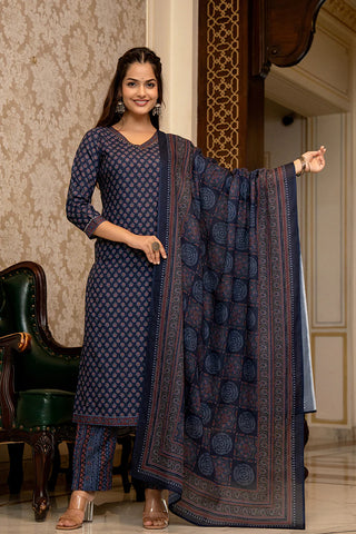 Navy Blue Rayon Blend Ajrak Print Straight Shape Suit Set with Dupatta