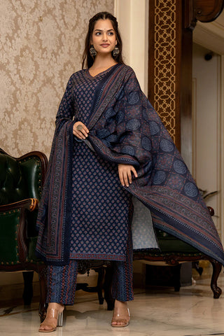 Navy Blue Rayon Blend Ajrak Print Straight Shape Suit Set with Dupatta