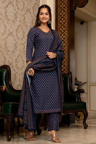 Navy Blue Rayon Blend Ajrak Print Straight Shape Suit Set with Dupatta