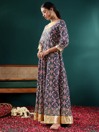 Navy Blue Viscose Rayon Bandhani Print Anarkali Kurta with Dupatta