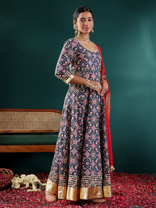 Navy Blue Viscose Rayon Bandhani Print Anarkali Kurta with Dupatta