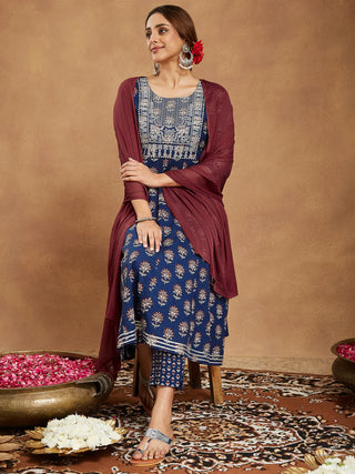 Navy Blue Cotton Floral Print & Yoke Embroidered Anarkali Shape Suit Set with Dupatta