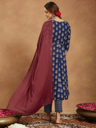 Navy Blue Cotton Floral Print & Yoke Embroidered Anarkali Shape Suit Set with Dupatta