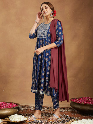 Navy Blue Cotton Floral Print & Yoke Embroidered Anarkali Shape Suit Set with Dupatta