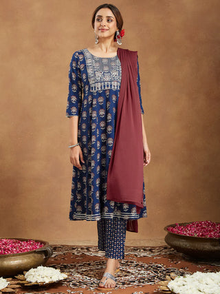 Navy Blue Cotton Floral Print & Yoke Embroidered Anarkali Shape Suit Set with Dupatta