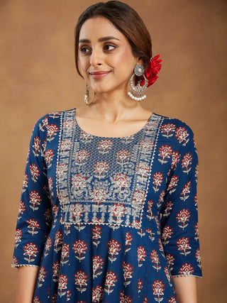 Navy Blue Cotton Floral Print & Yoke Embroidered Anarkali Shape Suit Set with Dupatta