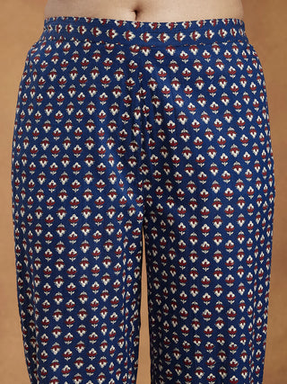 Navy Blue Cotton Floral Print & Yoke Embroidered Anarkali Shape Suit Set with Dupatta