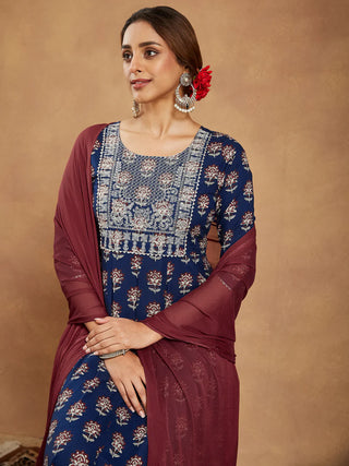 Navy Blue Cotton Floral Print & Yoke Embroidered Anarkali Shape Suit Set with Dupatta
