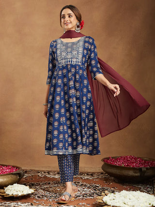 Navy Blue Cotton Floral Print & Yoke Embroidered Anarkali Shape Suit Set with Dupatta