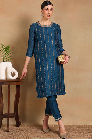 Navy Blue Silk Blend Embroidered Straight Shape Kurta