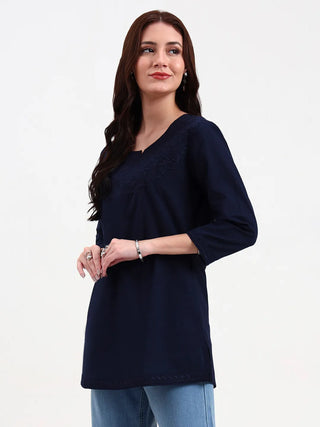 Navy Blue Cotton Floral Embroidered Short Kurta