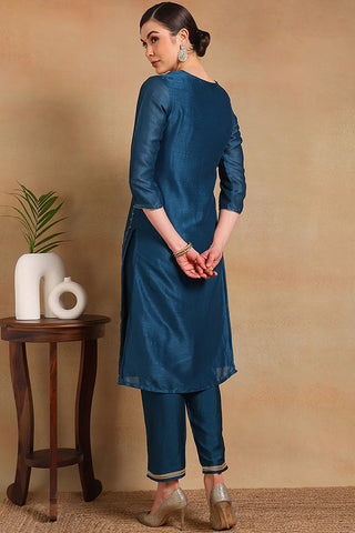 Navy Blue Silk Blend Embroidered Straight Shape Kurta