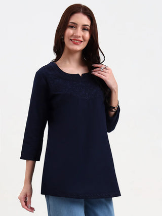 Navy Blue Cotton Floral Embroidered Short Kurta