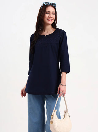 Navy Blue Cotton Floral Embroidered Short Kurta